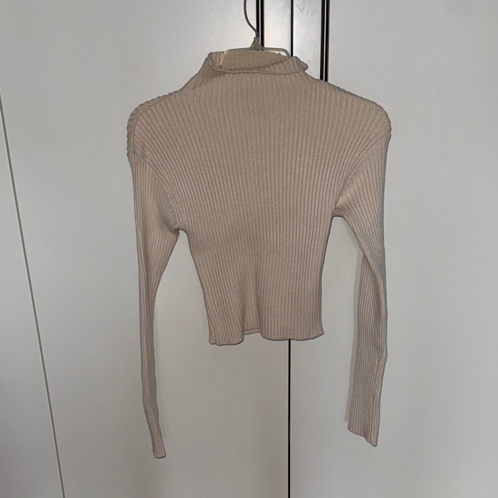Beige Ribbed Long Sleeve Sweater